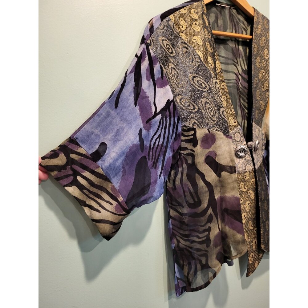 Dark Multi Pattern Sheer Artsilk 1 Hook 3/4 Sleeve Topper Kimono Artsy Unique OS - Picture 3 of 5